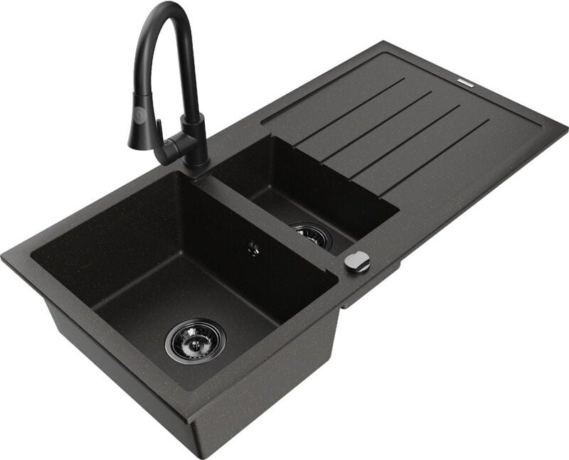 Andres 1,5-Becken-Granitspüle mit Abtropffläche und Mischbatterie Elia, Schwarz/Gold metallisc - Mexen