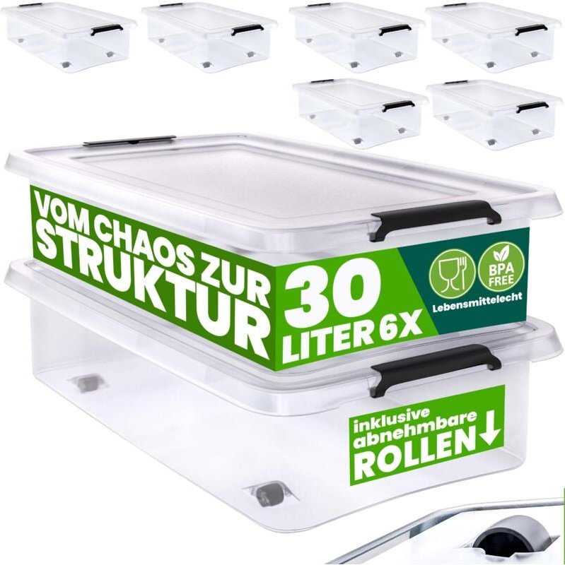 Aufbewahrungsbox transparent Stapelbox Ordnungsbox 30L 60L Deckel aufklappbar stapelbar Rollen bpa frei lebensmittelecht...