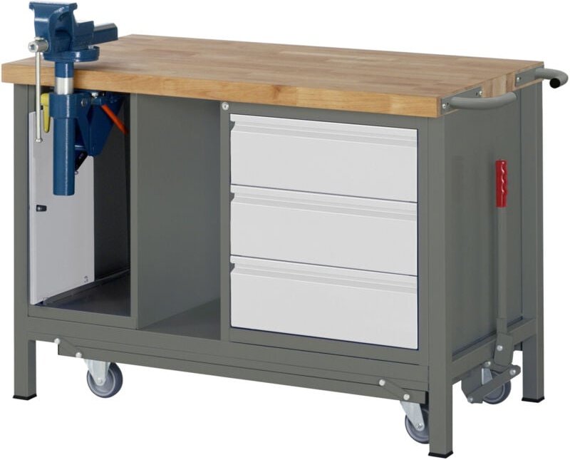 Werkbank Premium, mit abs. Fahrgestell, 3 Schubladen und Schraubstock, 125x70x88cm, Stahl & Buche - Stier