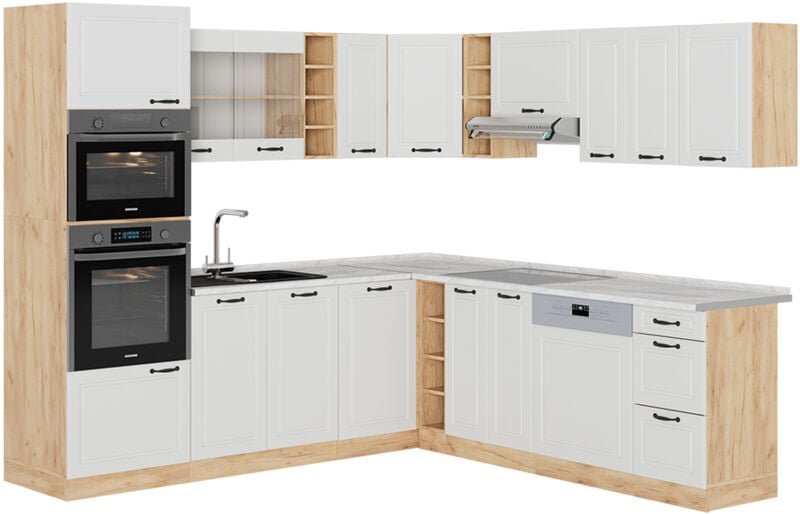 Thumbnail - Vicco - Eckküche R-Line, Weiß Landhaus/Goldkraft Eiche, 237 x 247 cm , ap Marmor