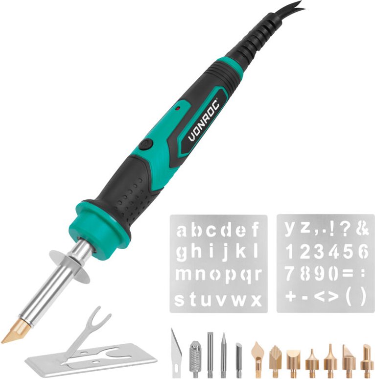 Brandmalkolben – Lötkolben – 30W – Brandmalerei-Set – 8 Brandmalspitzen – 3 Lötspitzen – 2 Schablonen - Vonroc