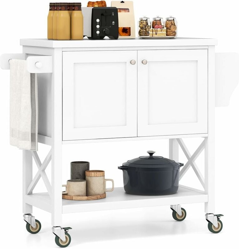 Küchenwagen, Servierwagen mit Schrank & Gewürzregal & Handtuchhalter, mobiler Küchenschrank Kücheninseln, kompakter Roll...