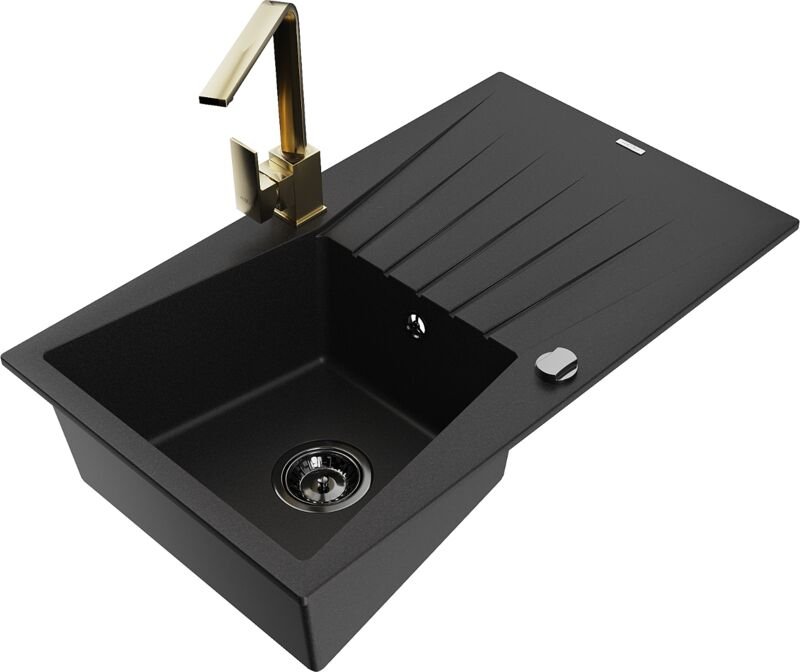 Mexen Cesar 1 Becken-Granitspüle mit Abtropffläche und Mischbatterie Rita, Schwarz - 6514-77-670300-