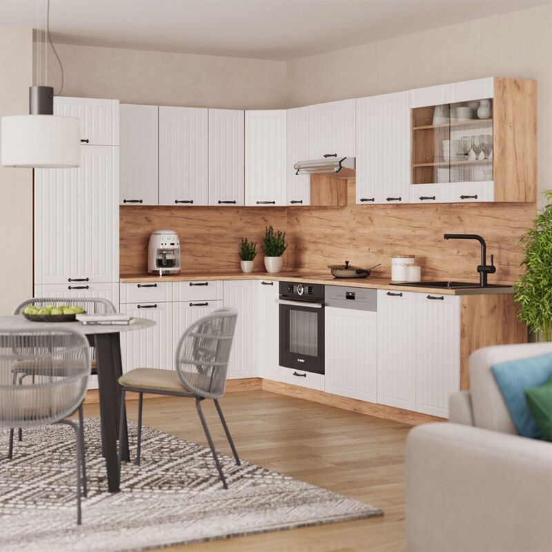 Eckküche Fame-Line, Weiß Landhaus, 287 x 46 cm ohne Arbeitsplatte, Vicco