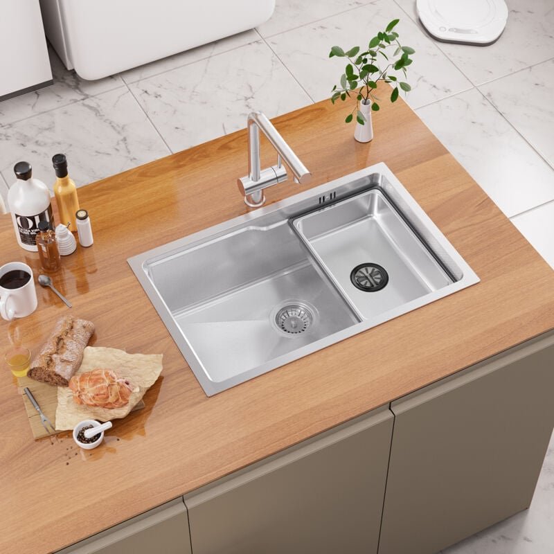Einzelbecken-Küchenspüle 68×43×21 cm, silberfarben, Unterbauspüle mit Abtropffläche und Becken - Auralum Max