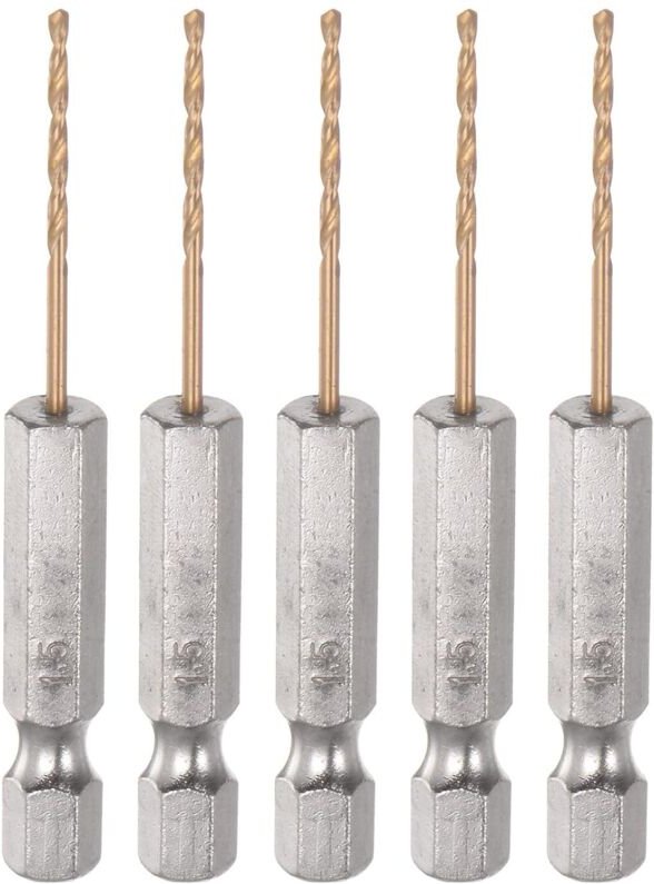 Lntyq - 5 Stück 1/4 Zoll Sechskantschaft-Bohrer, 1,5 mm, Titan-Set, M35 Hochgeschwindigkeitsstahl-Spiralbohrer, 62 mm la...