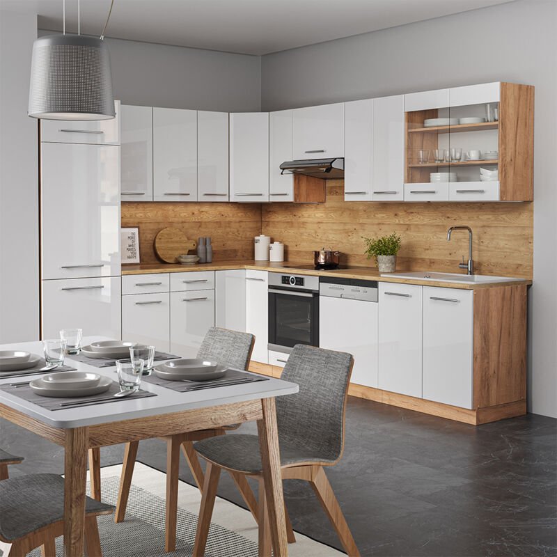 Vicco - Eckküche Fame-Line, Weiß Hochglanz/Goldkraft Eiche, 227 x 287 cm , ap Marmor