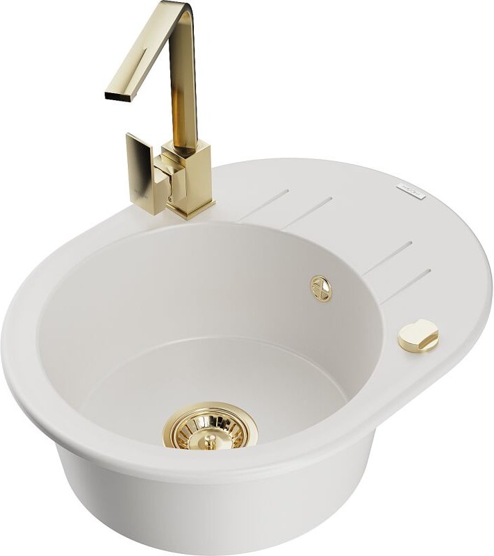 Kevin 1 Becken-Granitspüle mit Abtropffl√§che und Mischbatterie Rita, Wei√ü - 6517-20-670300-50 - Mexen