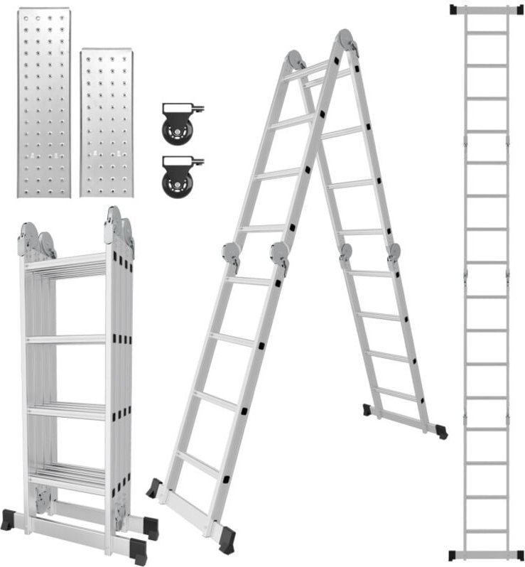 Thumbnail - 470cm Aluminum Mehrzweckleitern 4x4 Stufen Gerüst Leiter mit 2 Arbeitsplattform Klappbare Stehleiter - Tolletour