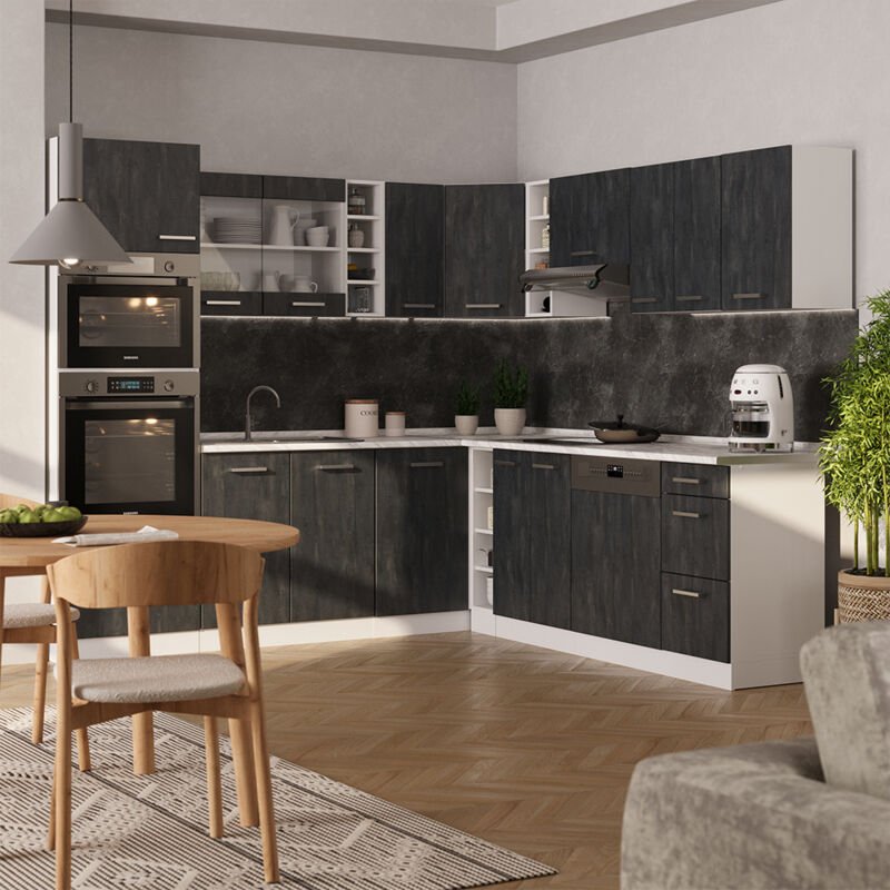 Vicco - Einbauküche in L-Form R-Line, Schwarz Beton/Weiß, 237 x 247 cm ohne Arbeitsplatte