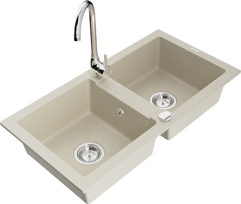 Mario 2-Becken-Granitspüle mit Mischbatterie Telma, Beige - 6504-69-670200-00 - Mexen