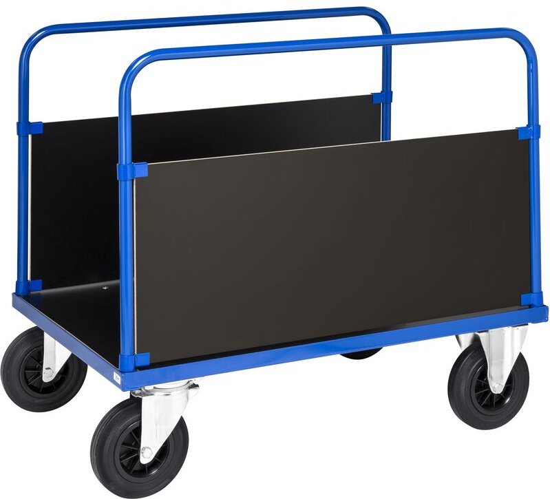 Kongamek Plattformwagen in blau 1000x700x900mm mit MDF-Platte und 2 stirnseitigen Wänden mit Gummibereifung ohne Bremse