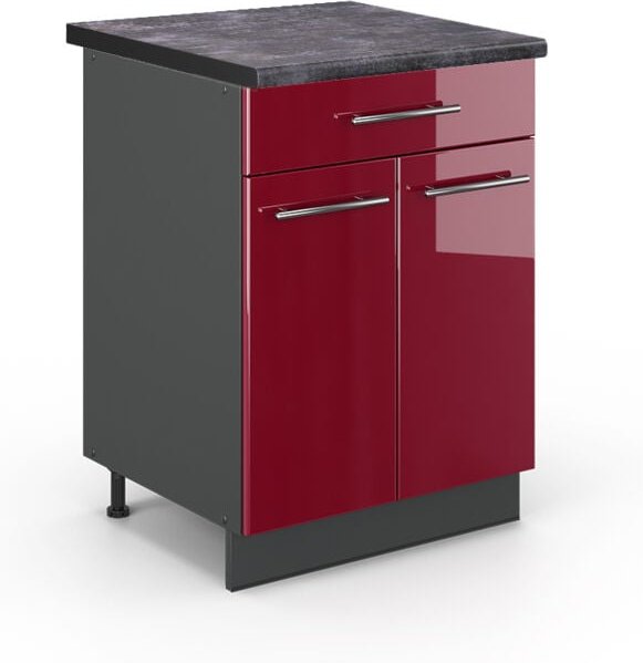 Küchenunterschrank Fame-Line, Bordeaux Hochglanz, 60 cm mit Schublade, ap Anthrazit Vicco