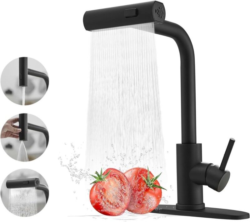 Schwarze Küchenarmaturen mit herunterziehbarer Brause, Wasserfall-Küchenspülenarmatur, Einhebel-Küchenspülenarmatur für ...