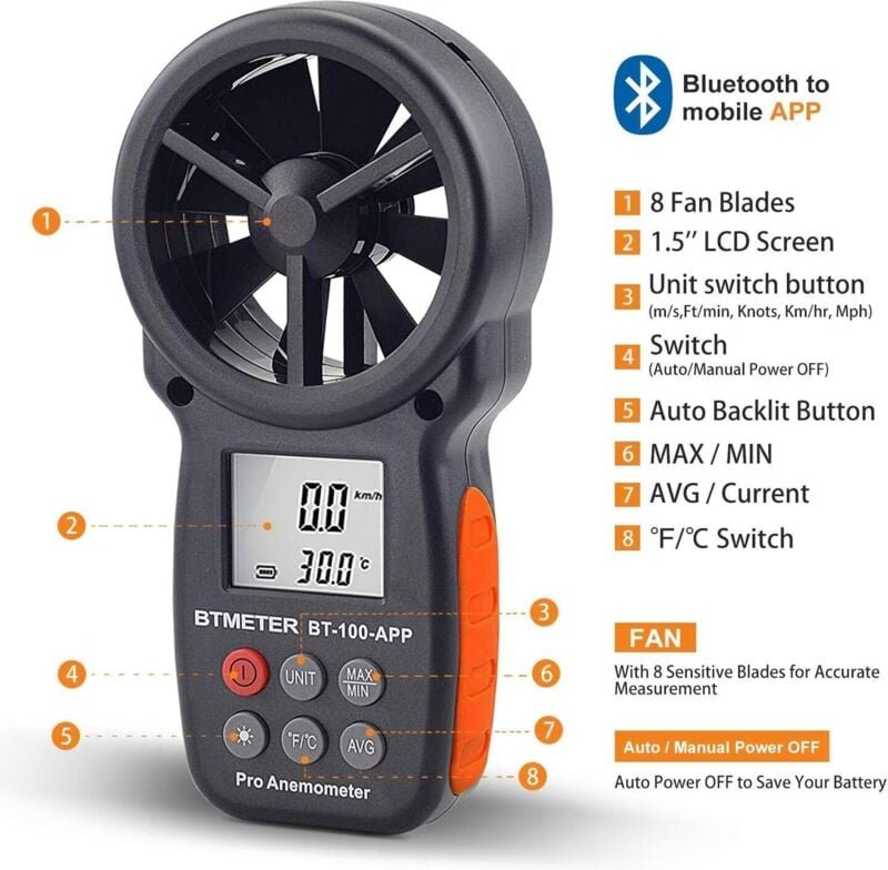Digitales Windgeschwindigkeitsanemometer, kabelloser Bluetooth-Windchill- und Temperaturmonitor