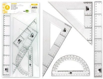 Set aus Quadrat und Quadrat 25cm, Lineal 30cm und Halbkreis 15cm Leiterpapier im farblosen Etui