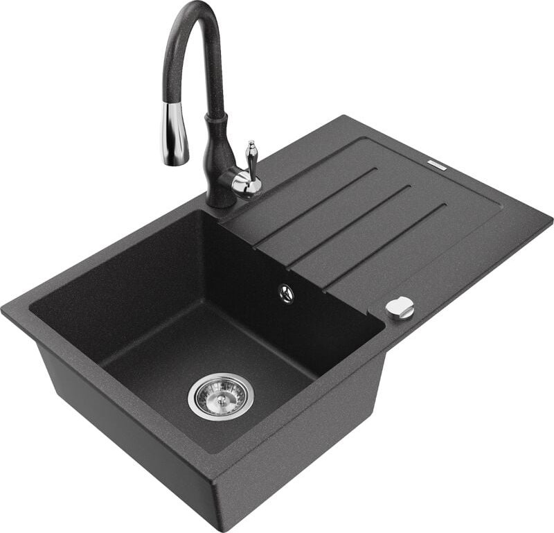 Bruno 1 Becken-Granitspüle mit Abtropffläche und Mischbatterie Savita, Schwarz gesprenkelt - 6 - Mexen