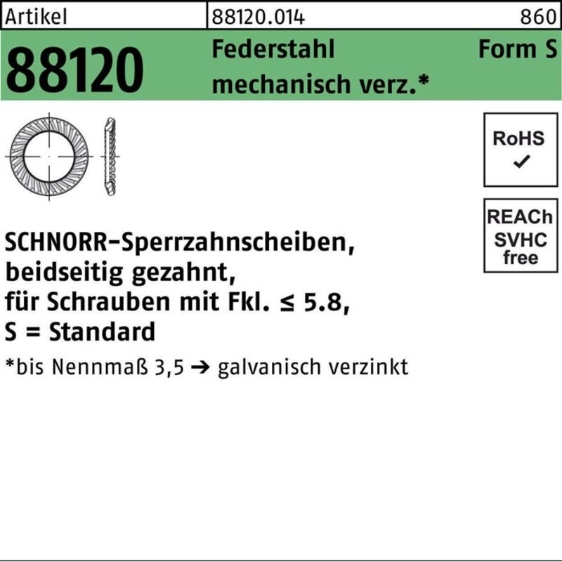 Sperrzahnscheibe r 88120 beidseitig gezahnt s 3 x 5,5x0,45 Federstahl mechanisch verzinkt