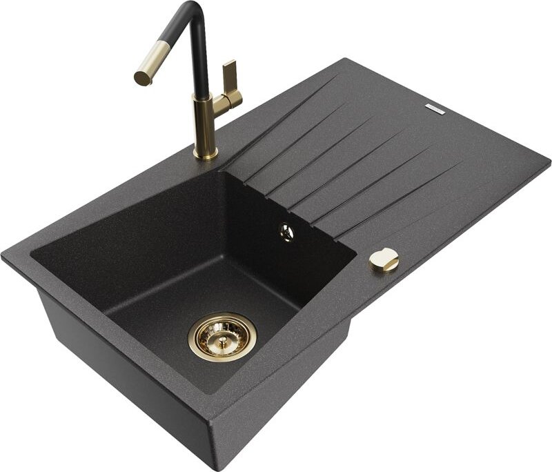 Mexen Cesar 1 Becken-Granitspüle mit Abtropffläche und Mischbatterie Flora, Schwarz gesprenkelt - 65