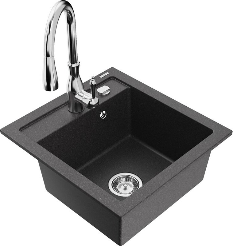 Vito 1-Becken-Granit-Spüle mit Mischbatterie Savita, Schwarz gesprenkelt - 6503-76-672601-00 - Mexen