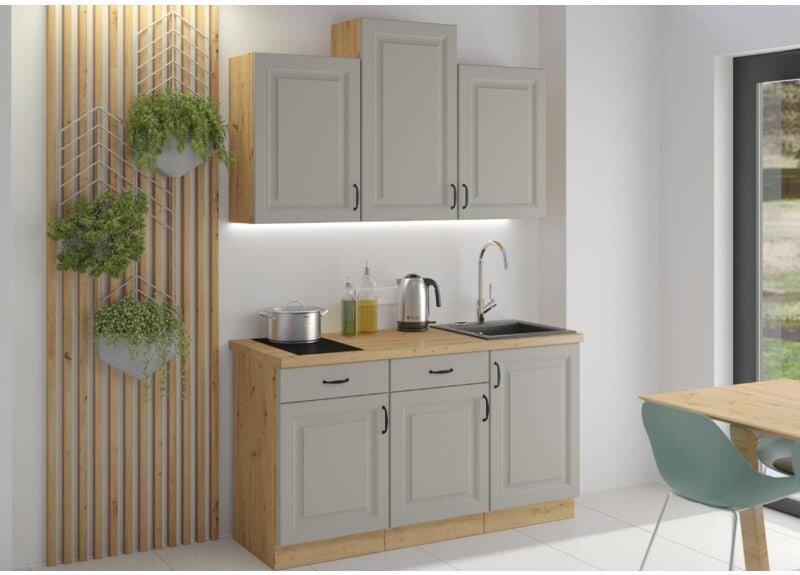 Küchenmöbel-Set Eckküche Ariatte 150 cm mit Hängeschränken Hellgrau Artisan - Furnix