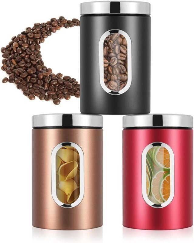 Jusch - Luftdichte Edelstahl-Kaffeekanne, Aufbewahrungsbox für die Küche, Set mit 3 luftdichten Lebensmittelgläsern mit ...