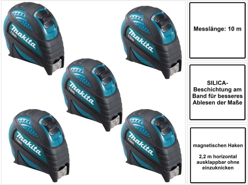 5x B-57168 Maßband 10 m Rollbandmaß mit magnetischen Haken - Makita