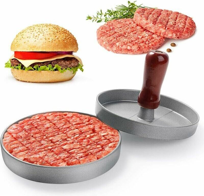 Hamburgerpresse, Hackfleischpresse für die Küche, Holzgriff, antihaftbeschichtete Burgerpresse aus Aluminium für Steak, ...