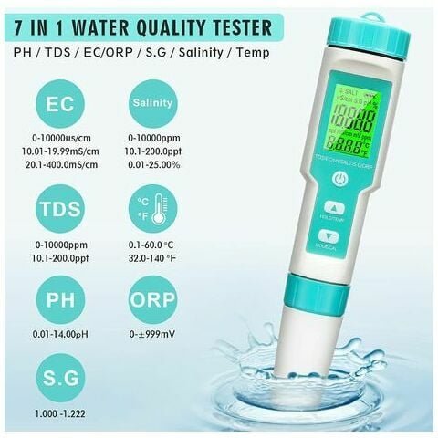 Digitales pH-Messgerät, 7-in-1-Ph/tds/ec/orp/sg/Salinität/Temperatur-Messgerät mit Atc, 0,01-Auflösung, hochpräziser Sti...