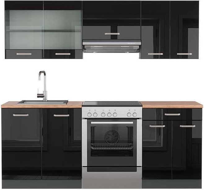 Thumbnail - Vicco - Küchenzeile R-Line, Schwarz Hochglanz/Anthrazit, 200 cm , ap Eiche
