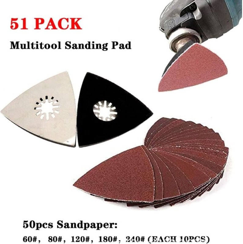 51-teiliges Universal-Schleifteller-Zubehör für 80 mm Dreieck-Schleifteller. Lieferung mit 5 Papiersorten.