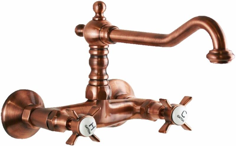 Antike Kupfer-Küchenarmatur mit Doppelsteuerung und hohem Auslauf Gattoni London 1706117R0 Kupfer