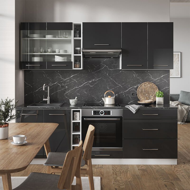 Vicco - Küchenschränke Fame-Line, Anthrazit Hochglanz/Weiß, 235 cm ohne Arbeitsplatte