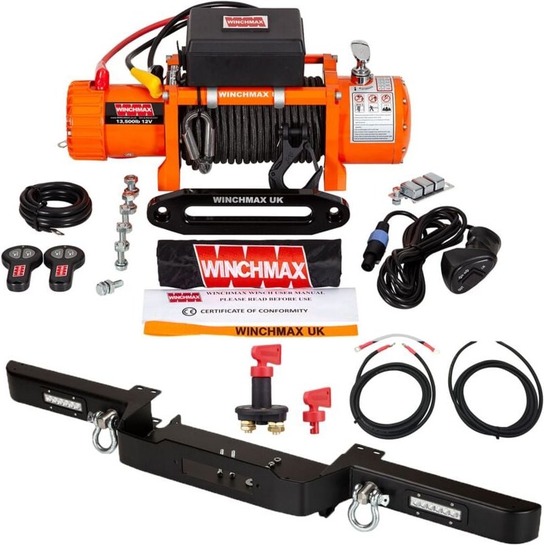 6.123 kg originale orangefarbene 12-V-Winde. Defender-Stoßstange. 25 m x 10 mm Armourline-Seil. Verkabelungssatz und Iso...