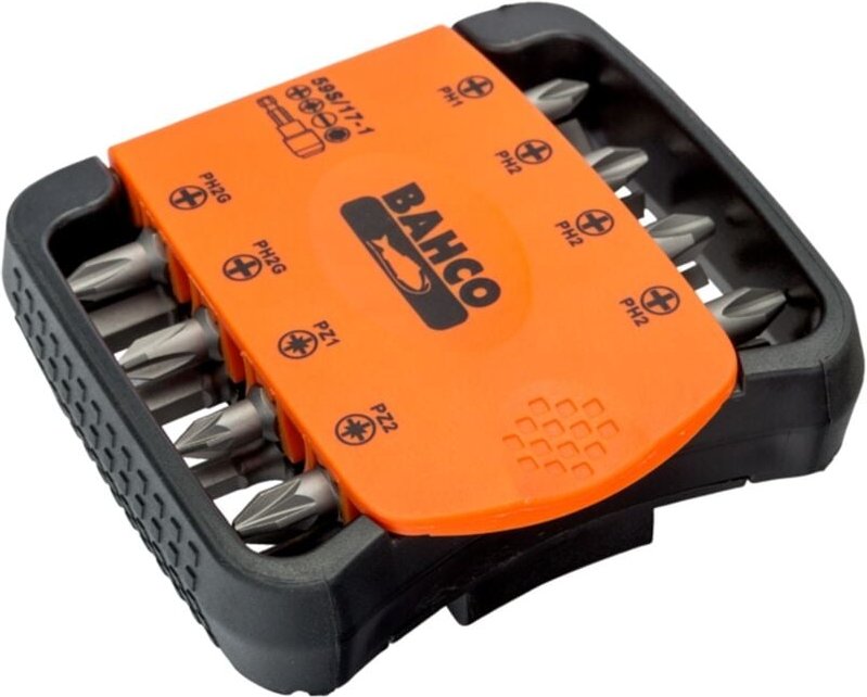 Bahco 1/4 Bitsatz für Schlitz-, Phillips-, Pozidriv- und Innensechskantschrauben 27 mm x 73 mm x 82 mm- 17-tlg.