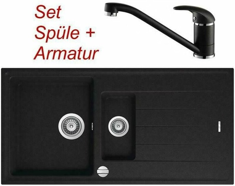Quellmalz - set Granitspüle schwarz Victory S1000 + vaf Armatur 9205 schwarz Granitarmatur