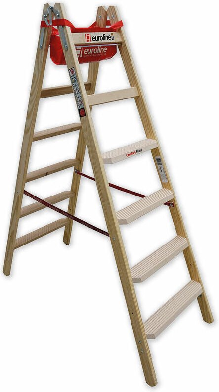 Euroline Holz Stufenstehleiter mit Comfort-Stufen mit Werkzeugablage 2x6 Stufen