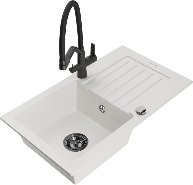 Pablo 1 Becken-Granitspüle mit Abtropffläche und Mischbatterie Duo, Weiß - 6510-20-671701-70-B - Mexen