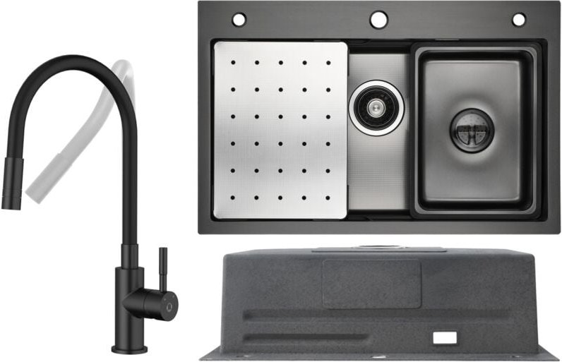Küchenspüle aus Edelstahl 70x45cm Anthrazitschwarz Mit Abtropffläche + Universeller Küchenarmatur Schwarz Hohe 380MM
