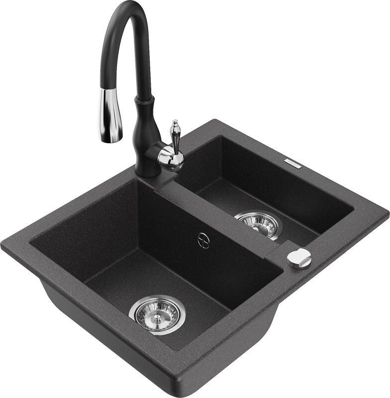 Carlos 1,5-Becken-Granitspüle mit Mischbatterie Savita, Schwarz gesprenkelt - 6518-76-672601-70 - Mexen