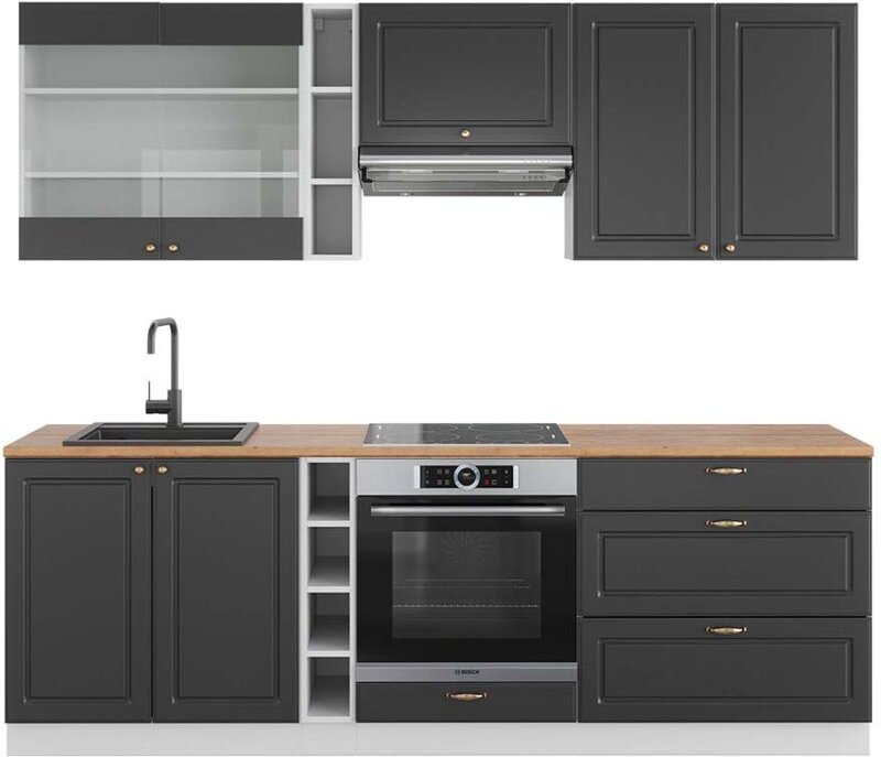 Küchenzeile Fame-Line, Anthrazit-Gold/Weiß, 235 cm , AP Eiche, Vicco