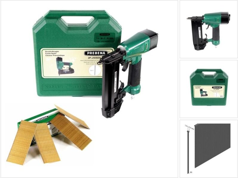 2P-J50SDS Luftdruck Druckluftnagler 5-7 bar im Transportkoffer + Stauchkopfnägel Brads 50 mm 4000 Stück - aus verzinktem...