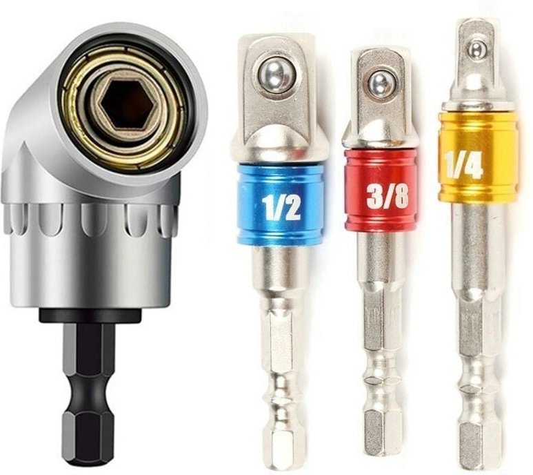 Thumbnail - 1 Stück rechtwinkliger Bohrer und 3 Stück Stecknussadapter 1/2 Zoll 3/8 Zoll 1/4 Zoll Winkelantriebssatz 105-Grad-Schrau...