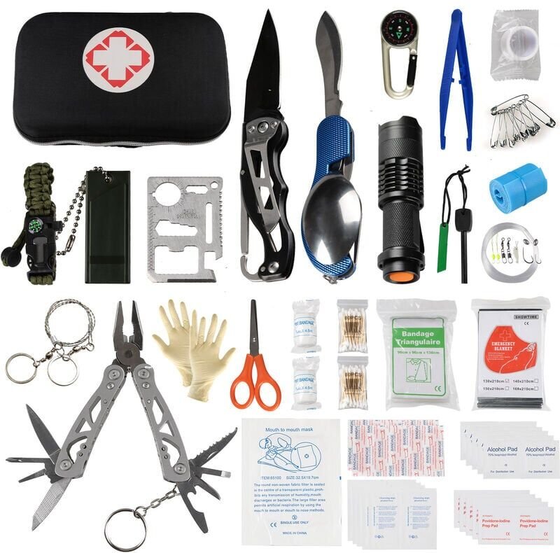 Thumbnail - 141-teiliges Survival-Kit, Notfallausrüstung, Erste-Hilfe-Set, Outdoor-Überlebensausrüstung, Notfallvorräte für Wandern,...