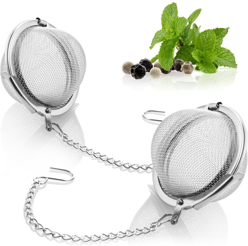 Thumbnail - 2x Teesieb aus Edelstahl 304 – Tee-Ei für losen Tee, Kräuter und Gewürze – Feinmaschiger Teefilter mit Kette – Gewürzsie...