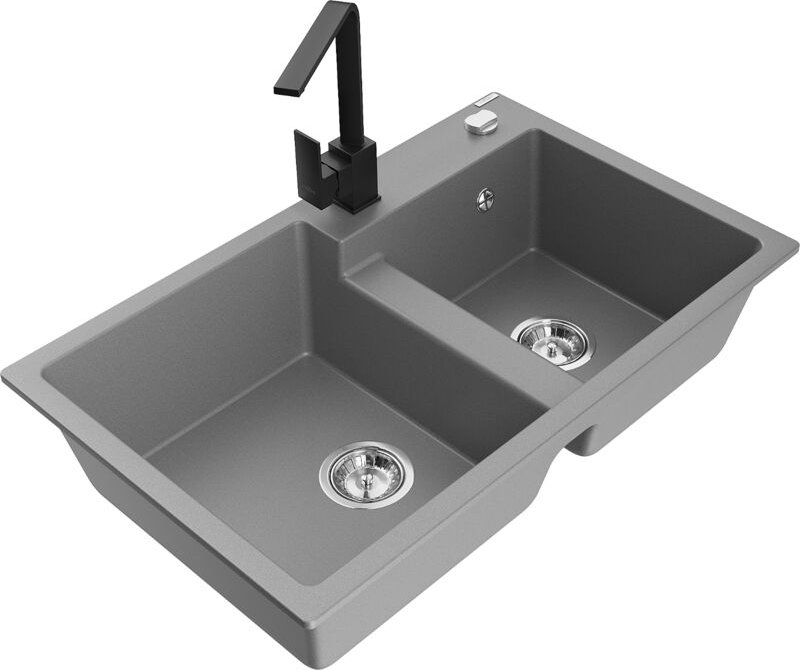 Tomas 2-Becken-Granitspüle mit Mischbatterie Rita, Grau - 6516-71-670300-70 - Mexen