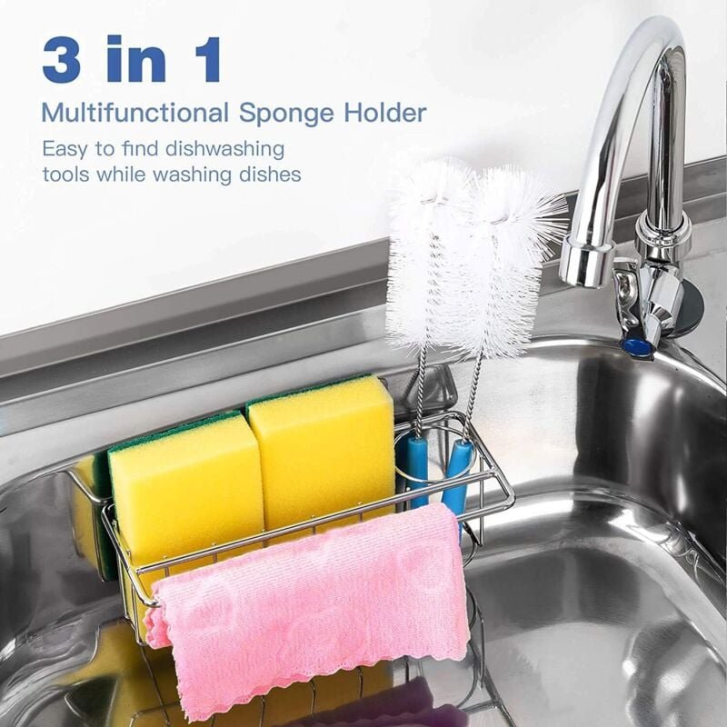 Thumbnail - Schwammhalter für die Küchenspüle, 3-in-1, selbstklebender Tuchbürstenhalter, Spender, Geschirrspüler-Organizer, Abtropf...