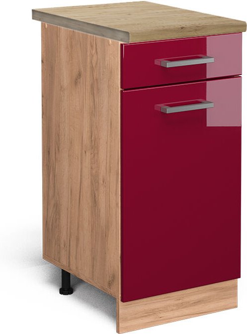 Vicco - Küchenunterschrank R-Line, Bordeaux Hochglanz, 40 cm , ap Eiche