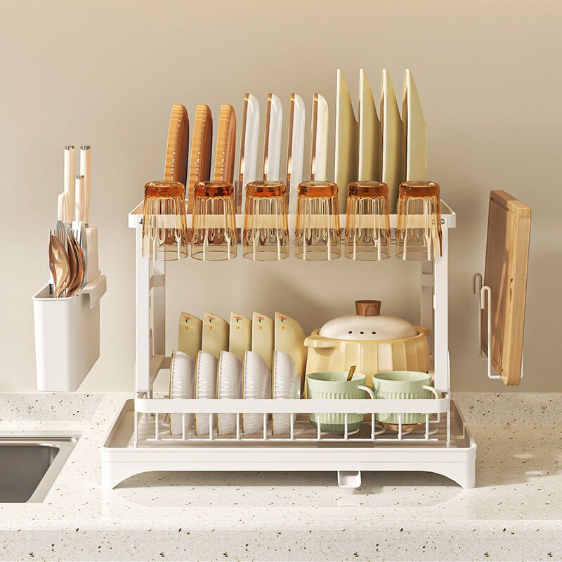 Weißes doppellagiges Abtropfgestell, 46,8 x 26,7 x 42 cm, multifunktionales Aufbewahrungsregal mit Getränkehalter und Es...