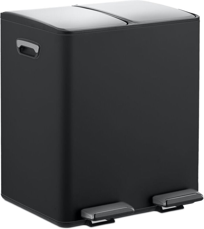 Relaxdays - Mülleimer, 2 Fächer, je 15 l, entnehmbare Inneneimer, Fußpedal, Küche, Tretmülleimer, Eisen, schwarz/silber